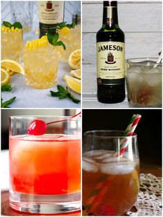 four different shots with lemons and drinks in them