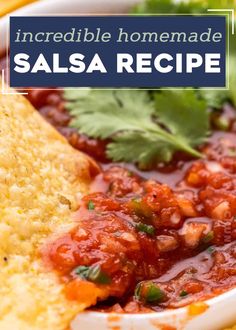 salsa in a bowl with tortilla chips and cilantro on the side