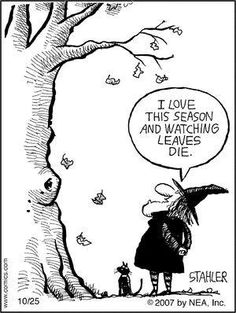 a black and white cartoon with an umbrella saying i love this season and watching leaves die