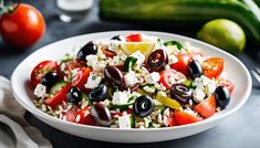 a salad with olives, tomatoes, cucumbers and feta cheese in a white bowl