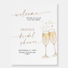 two champagne glasses are shown with the words welcome you're here