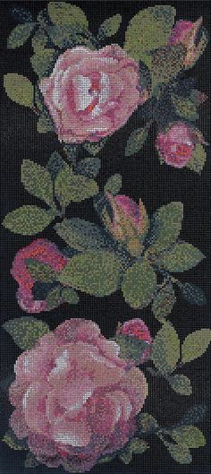 a black background with pink roses and leaves on the bottom right corner is an embroidered design