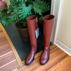 Never Worn, Brand New Cognac Leather-sole Boots For Fall, Cognac Leather Sole Boots For Fall, Cognac Round Toe Boots For Business, Cognac Boots With Leather Sole For Fall, Brown Flat Heel Boots For Office, Flat Heel Boots For Office In Fall, Flat Heel Office Boots For Fall, Office Boots For Fall With Flat Heel, Elegant Brown Boots With Flat Heel