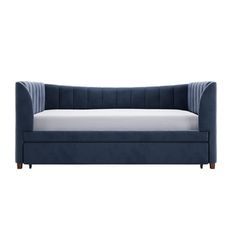 a blue couch with a white mattress on it's back and side paneling