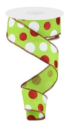 a green and white polka dot ribbon with red dots