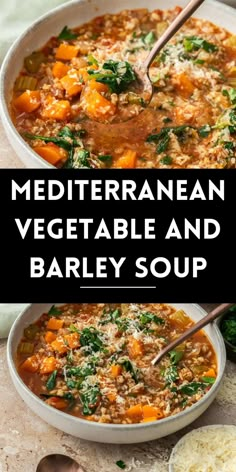 mediterranean vegetable and barley soup in a white bowl