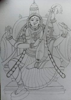 Tanjore Painting Sketches, Tanjore Sketches, Navratri Drawing, Shilpa Shastra, Colouring Drawing, Thanjavur Painting, Beautiful Pencil Drawings, Mysore Painting, Indian Traditional Paintings