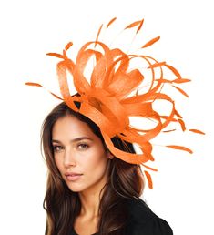 Tangerine Orange Feather Statement Fascinator Hatinator Hat Kentucky Derby Oaks Ladies Royal Ascot Weddings Cocktail Parties Headpiece Persian- Orange Large Persian Sinamay and Feathers Fascinator Hat Orange sinamay loops trimmed with orange coque feathers Measures about 14 inches wide, wider with feathers This orange headpiece is mounted with a matching headband. If you prefer a headband to match your hair, please make a note at check out what colour headband you want. Looking for a stylish and Elegant Halloween Fascinator, Evening Carnival Headband Hat, Elegant Adjustable Hat For Halloween, Spring Party Headpieces With Feathers, Fitted Mini Hats For Church Carnival, Fitted Costume Hats And Headpieces For Spring Party, Spring Evening Mini Hat With Feathers, Summer Formal Costume Headband, Carnival Formal Fascinator Hat