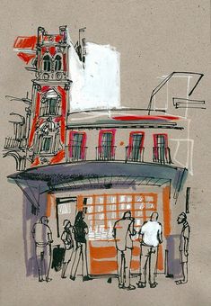 a drawing of people standing in front of a building