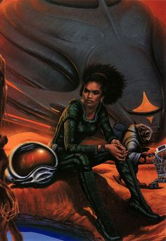 a woman sitting on top of a rock next to a giant alien creature in the background