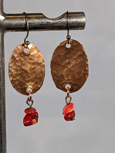 Hand hammered copper earrings with a red coral drop Red Copper Earrings, Hammered Rose Gold Copper Earrings, Everyday Hammered Copper Earrings, Red Copper Drop Earrings, Copper Oxidized Finish Drop Earrings, Bohemian Copper Earrings With Hammered Detail, Nickel-free Red Copper Earrings, Artisan Red Copper Earrings, Hammered Copper Earrings