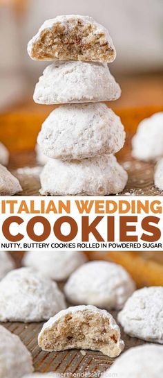 italian wedding cookies stacked on top of each other with the title text overlaying