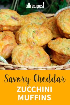 savory cheddar zucchini muffins in a wicker basket