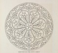 a drawing of a circular design with flowers and leaves