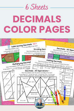 Decimal Operations Color by Number Pages includes 6 color by code sheets with adding decimals, subtracting decimals, multiplying decimals, and dividing decimals. Multiplying And Dividing Decimals, Color By Number Math, Math Coloring Pages, 7th Grade Classroom, Decimals Activity, Ordering Decimals, Adding Decimals, Color Activity, Multiplying Decimals