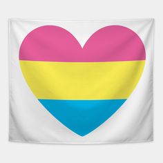 a heart shaped flag with the colors of the rainbow and blue, yellow and pink