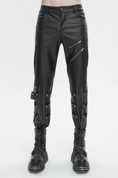 This pair of punk pants is made of faux leather. Two zippers on the thigh. Two zippers and layered straps on the low legs. A detachable strap on the right. Slim fitted silhouette. Color:  Black Materials:  Faux Leather Notice:  Other Accessories Are Not Include Style Types:  Punk Version:  Slim-fitting Soft Index:  Fit Elastic Index:  Inelastic Size Length (in) Waist (in) Hip (in) Thigh (in) S 43.7 32.7 38.6 24 M 43.9 34.6 40.6 25 L 44.1 36.6 42.5 26 XL 44.3 38.6 44.5 27 2XL 44.5 40.6 46.5 28 3XL 44.7 42.5 48.4 28.9 4XL 44.9 44.5 50.4 29.9 Size Length (cm) Waist (cm) Hip (cm) Thigh (cm) S 111 83 98 61 M 111.5 88 103 63.5 L 112 93 108 66 XL 112.5 98 113 68.5 2XL 113 103 118 71 3XL 113.5 108 123 73.5 4XL 114 113 128 76 Rock Style Outfits, Punk Pants, Punk Dress, Alternative Outfits, The Low, Style Outfits, Rock Style, Fashion Colours, Alternative Fashion