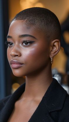 Gorgeous Glam: 25 Short Hairstyles for Black Women in 2024 Shaved Hair Black Women, Shaved Head Black Women, Women Shaved Head, Buzzed Hair Women, Short Hairstyles For Black Women, Shaved Heads, Short Shaved Hairstyles