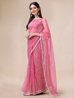 Pink & silver-toned sareeEmbroidered saree with embroidered borderThe saree comes with an unstitched blouse pieceThe blouse worn by the model might be for modelling purpose only. Check the image of the blouse piece to understand how the actual blouse piece looks like. Light Pink Saree, Saree Plain, Baby Pink Saree, Net Sarees, Western Kurtis, Saree Sale, Fancy Jewellery Designs, Traditional Indian Outfits, Bandhani Saree