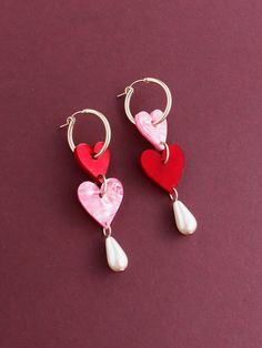 Jessie Drop Hoops in Pink/Red Pink Resin Jewelry With Heart Charm, Trendy Red Dangle Heart Earrings, Gradient Heart, Playful Jewelry, Hoop Charms, Heart Pendants, Gold Filled Hoops, Wolf Moon, Mini Bows