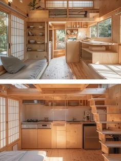 two pictures of the inside and outside of a tiny house