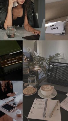 a woman sitting at a table in front of a laptop computer next to a cup of coffee