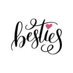 the words besties written in black ink with a red heart on top of it