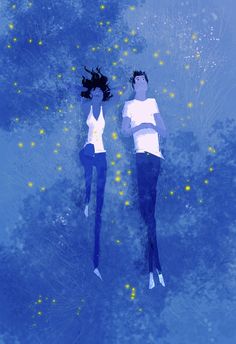 two people are standing in the water with their arms around each other and stars above them