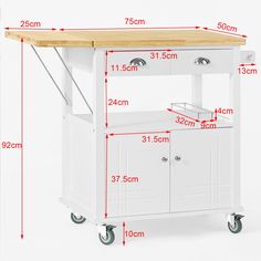 a white kitchen cart with wooden top on wheels and measurements for the height of it