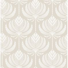 a white and beige wallpaper with leaves on the back ground, in an art deco style