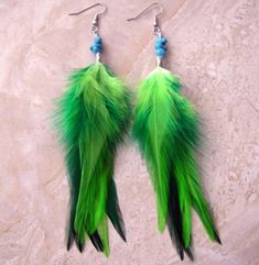 Beaded Feather Earrings - Lime and Emerald Green Feather Earrings Bohemian Green Feather Earrings, Green Bohemian Feather Earrings, Green Bohemian Earrings With Feathers, Green Feather Earrings As A Gift, Beaded Feather Earrings, Beaded Feather, Peacock Feather Earrings, Green Feather, Rooster Feathers