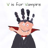 a drawing of a man with his hands in the air and words v is for vampire