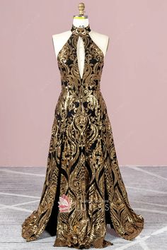 gold sequin with black base a line slit prom dress Black Dress Gold Details, Black And Gold Prom Dress, American Prom, Prom Dresses Gold, Grad Dress Ideas, Prom Dress Halter, Fancy Fits, Gold Dresses, Dress Train