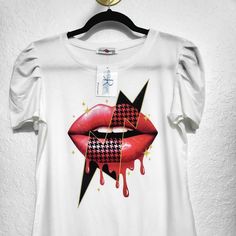 Red Lip White T-Shirt, Soft Cotton Trendy Red Tops With Screen Print, Trendy Red T-shirt With Graphic Print, Trendy Red T-shirt With Screen Print, Red Sublimation Print Top For Summer, Trendy Red Short Sleeve T-shirt, Red Short Sleeve T-shirt For Spring, Red Cotton Top With Sublimation Print, Fitted Red T-shirt With Sublimation Print, Cycling Tops