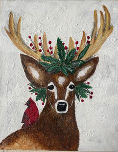 a painting of a deer with antlers and a bird on it's head