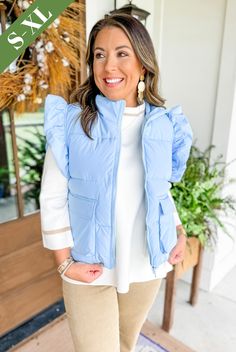 Go ahead and prepare for cooler days ahead, because they are coming girls! And this super preppy vest is the perfect layering piece to keep you warm! It features a thicker body, a full zipper, a collar, chic ruffled sleeves, and front pockets! It is medium to heavy in weight! We have it paired here with our "Best Season of all Sweater" and our "Rowan Wide Leg Pants in Camel". FABRIC: 100% Polyester FIT: Fit is true to size and relaxed. SIZING: We recommend buying your normal size! MODELS: Kriste Preppy Vest, Camel Fabric, Fabric Stain Remover, Sparkle Shoes, Headband Jewelry, Camo Shirts, Ruffled Sleeves, Go Ahead, Fall Sweaters