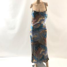 Micas Blue Satin Square Neck Sleeveless Dress Cami Women’s Size S Open Back Multicolor Midi Tan Cloud Tie Dye Look New F86 Ep Sheer Sleeveless Slip Dress For Beach, Fitted Blue Slip Dress For Summer, Sheer Cami Slip Dress For Summer, Fitted Sleeveless Blue Slip Dress, Blue Sheer Sleeveless Dress, Sheer Sleeveless Summer Slip Dress, Blue Sleeveless Slip Dress For Beach, Sheer Sleeveless Slip Dress For Summer, Casual Sheer Sleeveless Dress