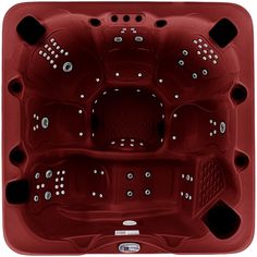 a red hot tub with several holes in it