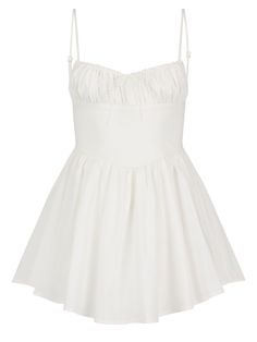 The White Cotton Ballerina Dress: A soft and charming mini dress made from matte silk. It features a fitted bust, a lace-up back, and adjustable shoulder straps. The lace closure at the back can be tightened or loosened with string ties to suit your shape. Get ready for endless twirling in The Ballerina Dress. Our Clothing is created using reprocessed material that has been repurposed for each of our unique fabrics. The detail, thought and intention behind every piece of Clothing we make is to b Summer Mini Dress With Lace-up Back And Sweetheart Neckline, Summer Mini Dress With Sweetheart Neckline And Lace-up Back, Chic Mini Dress With Corset Back For Brunch, Summer Evening Corset Dress With Ruffled Straps, Sundress Mini Dress With Corset Back For Brunch, Brunch Sundress With Corset Back, Fitted Bodice Sundress With Straps, Sundress Mini Dress With Fitted Bodice And Straps, Sundress Style Mini Dress With Fitted Bodice