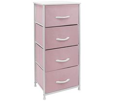 a pink dresser with three drawers and white handles on the bottom drawer, against a white background