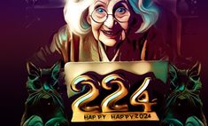 an old lady holding a sign that says happy birthday to her with the number twenty four on it