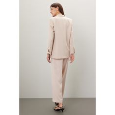 Off-white crepe (60% Acrylic, 40% Polyester). Blazer. Long sleeves. Collar. Front button closure. 28.5" from shoulder to hemline. Imported. Spring Workwear Suits With Button Cuffs, Spring Formal Pantsuit With Button Closure, Spring Double-breasted Pantsuit With Button Closure, Elegant Spring Button-up Suits, Spring Formal Pantsuit With Buttons, Spring Formal Pantsuit, Feminine Double-breasted Workwear Outerwear, Feminine Double-breasted Outerwear For Work, Spring Structured Blazer With Button Cuffs