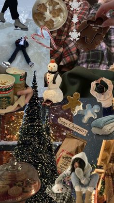 a collage of christmas items including cookies and other holiday decorations, with people walking around