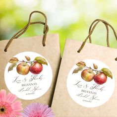 two brown paper bags with apples on them