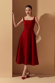 Indulge in elegance and luxury with our Dress. Crafted with the finest taffeta, this dress boasts an A-line silhouette and a flattering square neckline. Perfect for your next special occasion, this dress exudes sophistication and effortless style. Dress Classy Elegant, Red Frock, Red A Line Dress, Elegant Red Dress, Stylish Maxi Dress, Simple Frocks, Frock For Women, Red Dresses Classy, Fancy Dresses Long