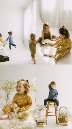 two children are sitting on stools and one is reading a book while another child sits on a chair