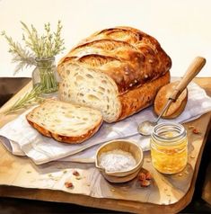 a loaf of bread sitting on top of a cutting board next to a jar of honey