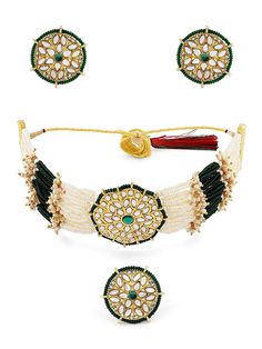 Welcome to Adornn Jewels This Choker jewellery set consists of a necklace, finger ring and a pair of earrings Gold-plated necklace has Green KUndan and Beads details Secured with a drawstring closure A matching pair earrings, each secured with a post-and-back closure Gold-plated adjustable finger ring  Size & Fit Length of the Necklace : 44 cm Length of the Earring : 3 cm Diameter of Finger ring: 2 cm(Adjustable) Material & Care Material: Alloy Plating: Gold-plated Stone type: Kundan & Beads Car Adjustable Kundan Necklace For Festive Celebrations, Kundan Hand-set Round Choker, Hand Set Kundan Choker, Kundan Temple Jewelry Sets With Choker, Kundan Choker With Hand Set Design, Kundan Choker Sets In Temple Jewelry Style, Festive Temple Jewelry Sets With Choker, Adjustable Temple Jewelry Sets For Festive Occasions, Festive Temple Jewelry Choker Sets