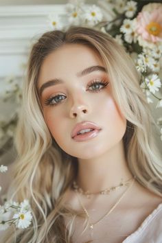 Delicate Makeup Looks, Floral Dress Makeup, Spring Makeup Looks Natural, Soft Makeup Look For Wedding, Soft Pink Bridal Makeup, Soft Glow Makeup, Light Pink Makeup Looks, Soft Romantic Makeup, Soft Pink Makeup