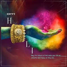 happy holi day message with colorful powder on the palm of someone's hand